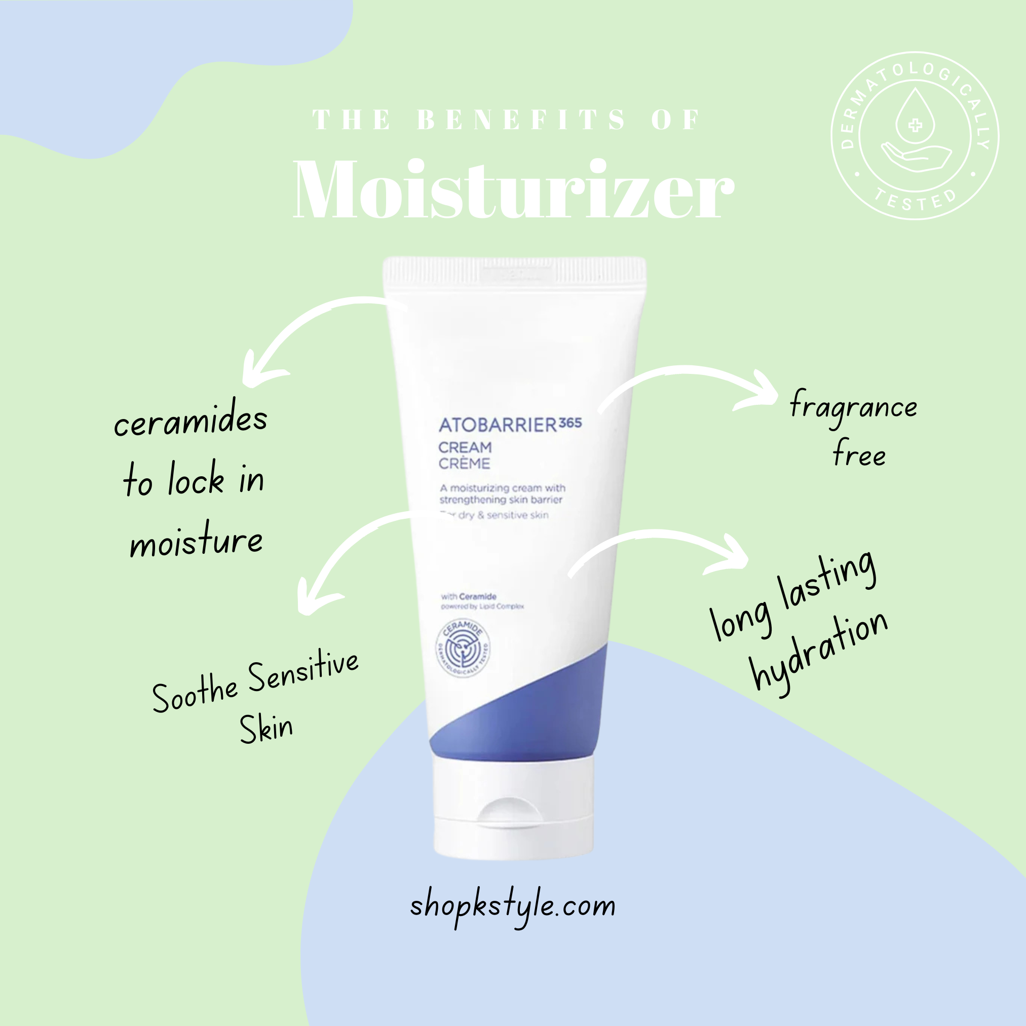 Tube of Atobarrier Cream with text highlighting benefits on a green and blue background