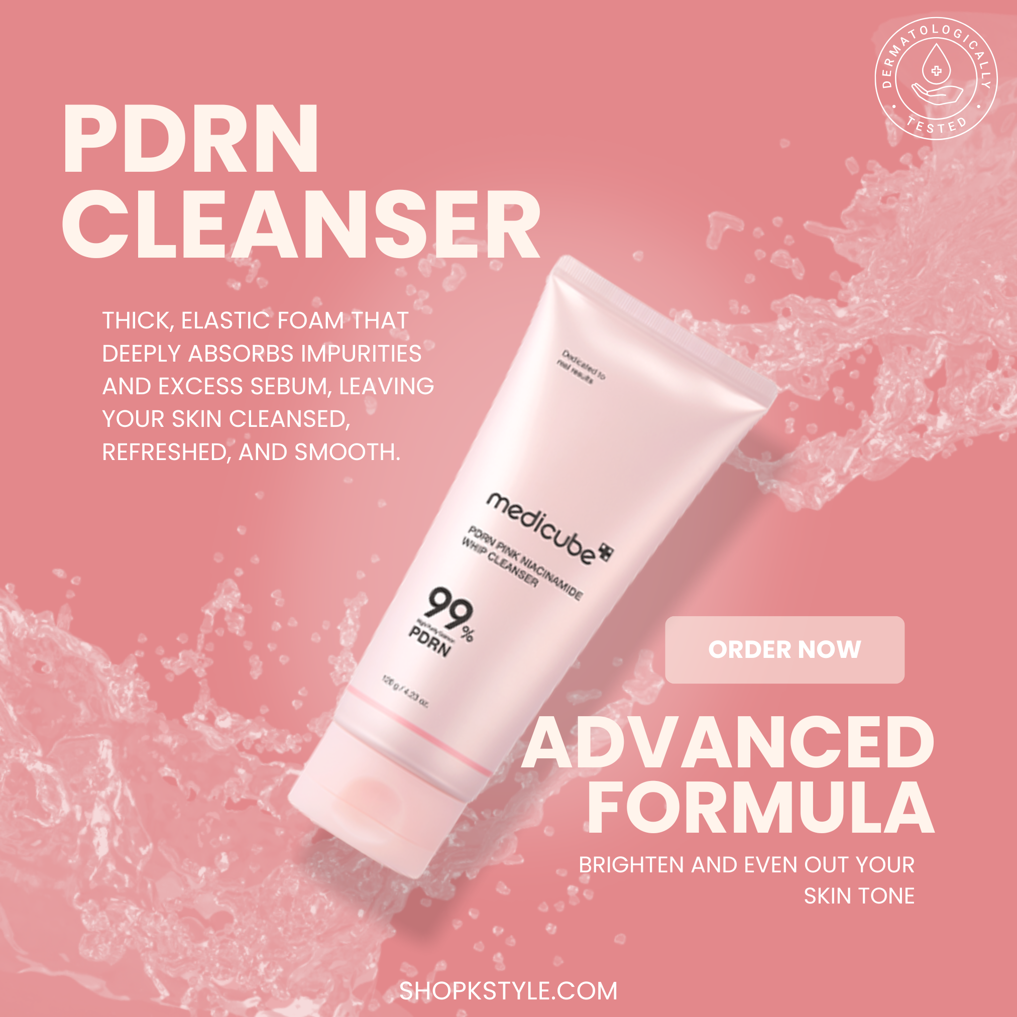Medicube PDRN Cleanser tube on a pink background with product details.