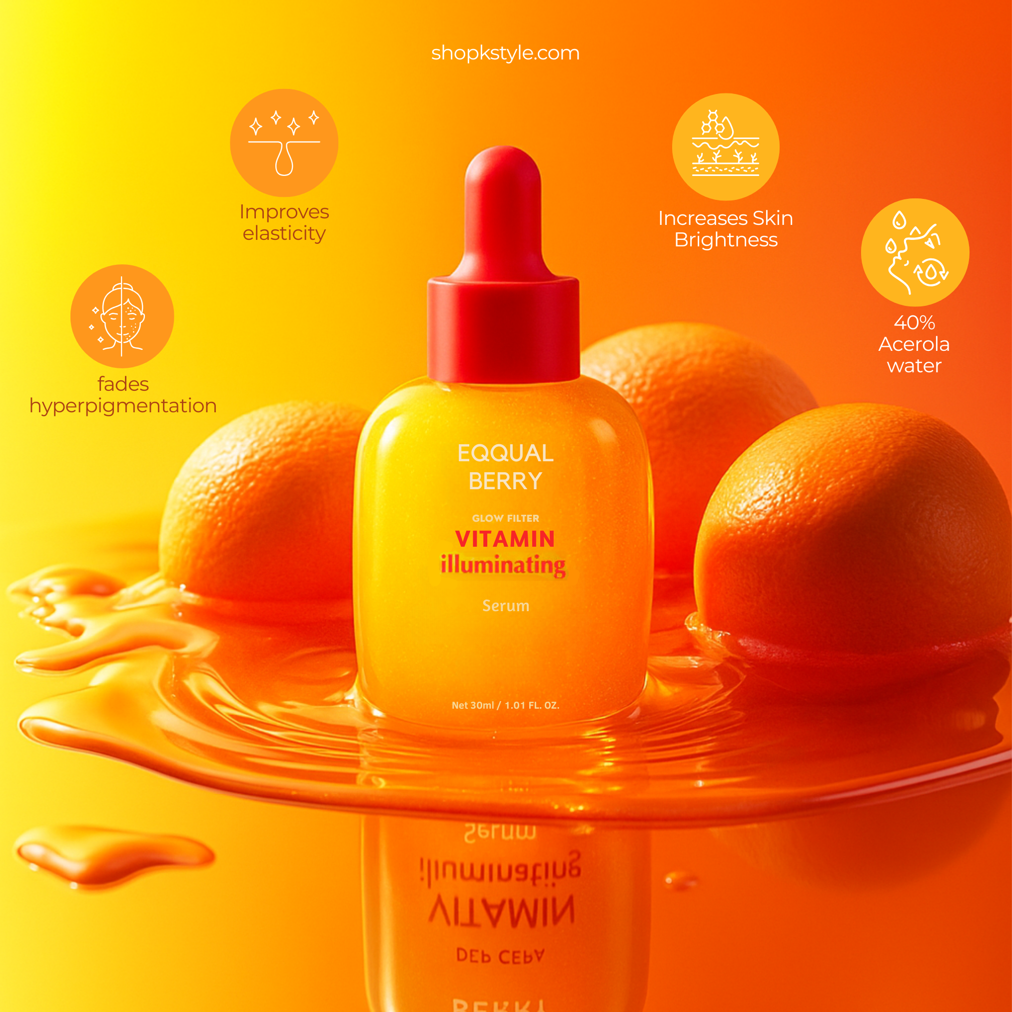 Yellow serum bottle with red dropper on an orange background with oranges