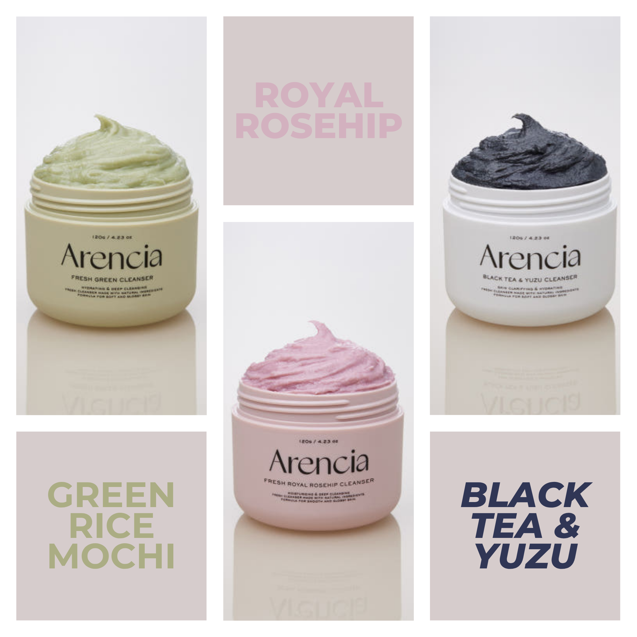 Collage of three jars of Arencia facial cleansers with labels for Green Rice Mochi, Royal Rosehip, and Black Tea & Yuzu.