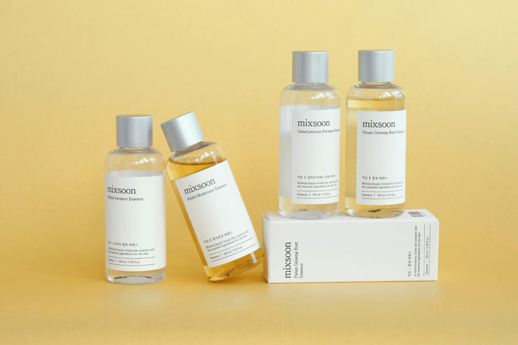 Set of Mixsoon skincare products on a yellow background